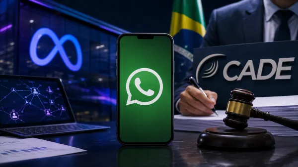 Símbolos da Meta e do WhatsApp diante do Cade e de um martelo, representando a disputa regulatória sobre inteligência artificial.