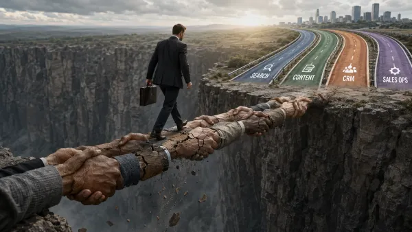Empresário atravessando uma ponte sustentada por indicações em direção a canais previsíveis de aquisição de clientes.