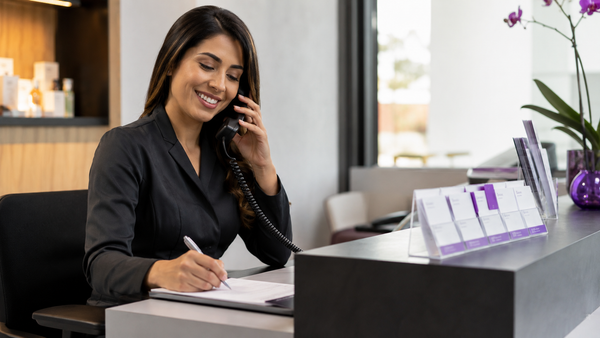 Recepcionista confirma atendimentos de forma organizada e respeitosa.