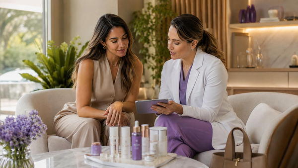 Profissional apresenta opções de cuidado personalizado a uma cliente em clínica estética.